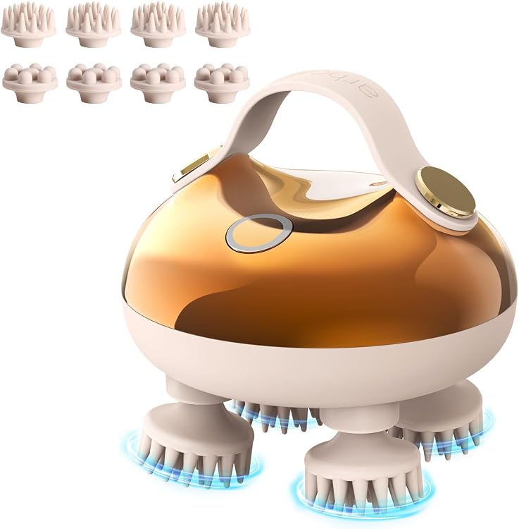 Arboleaf electric scalp massager in cream and gold with its interchangeable massage heads